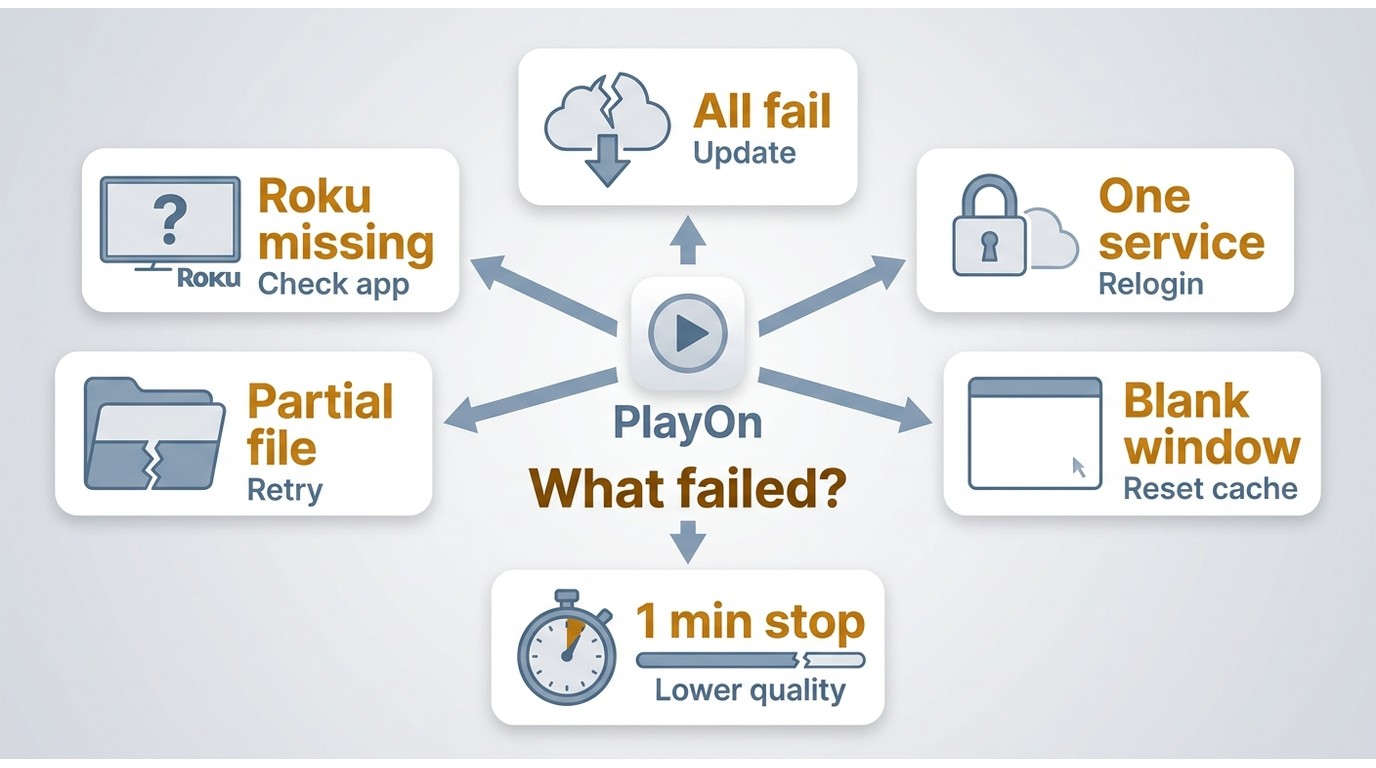 PlayOn troubleshooting flow linking symptoms like blank window or one-service failure to next checks