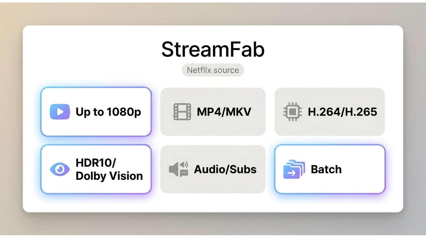 StreamFab Netflix Downloader’s Netflix output specifications, including 1080p, MP4, MKV, HDR, and subtitles