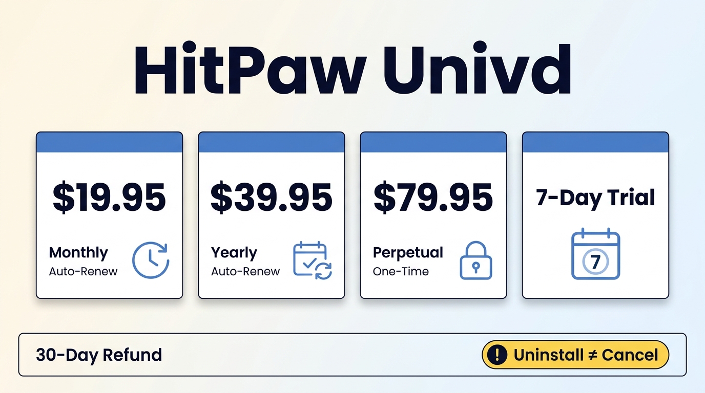 Comparison of HitPaw Univd plans, renewals, trial terms, and cancellation warning
