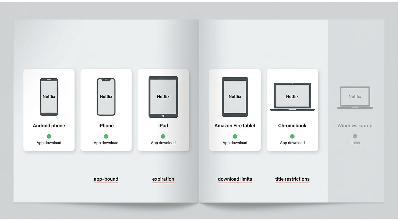 Overview of devices supported for Netflix downloads and their limitations, including differences between mobile phones, tablets, Chromebook, and Windows
