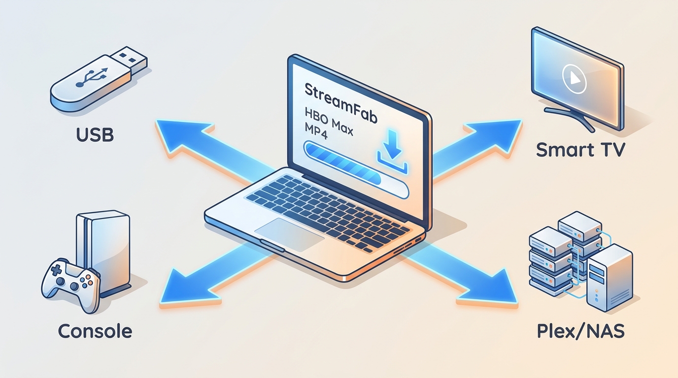 Local MP4 files can be played via USB, TV, game console, or Plex/NAS.