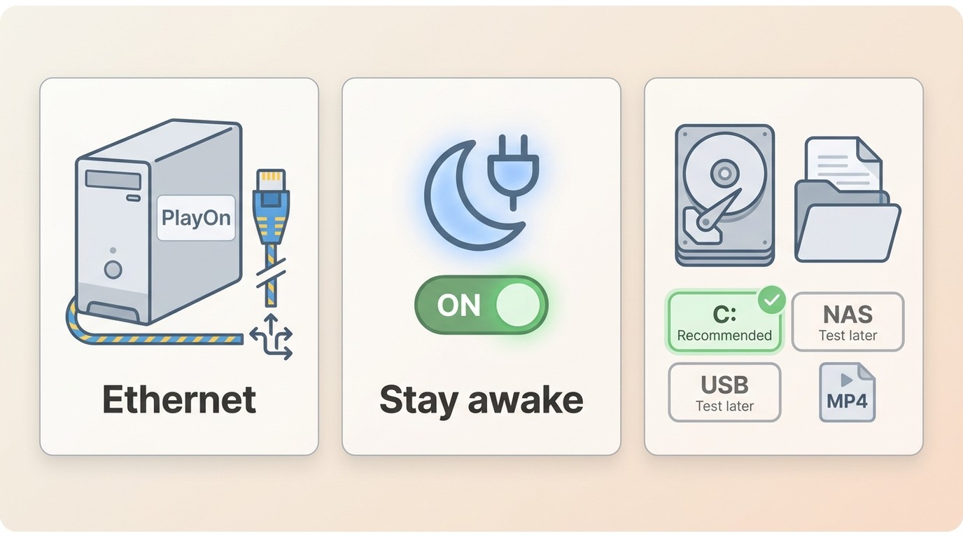 PlayOn Home recording on a Windows PC with checks for Ethernet, sleep settings, and local MP4 storag