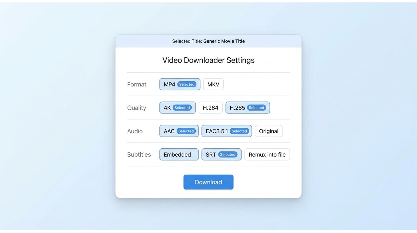 Settings interface for selecting MP4, H.264, 4K, audio track, and subtitles for HBO Max in StreamFab