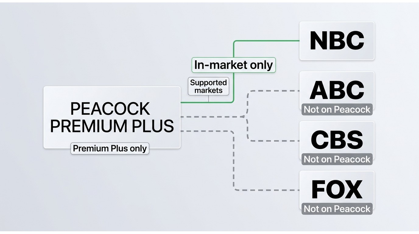 Comparison of Peacock local broadcast access showing NBC only in supported markets, not ABC, CBS, or