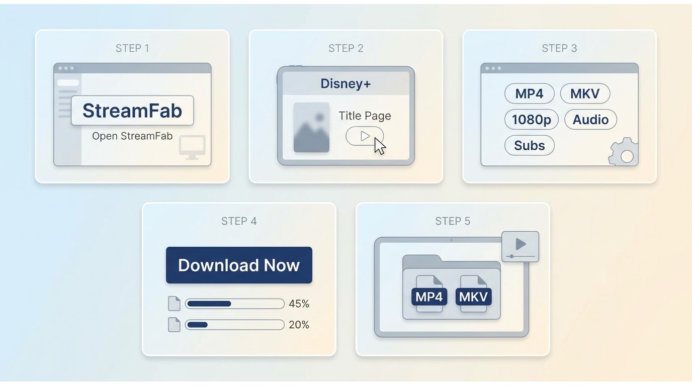 Five-step StreamFab process for saving a Disney+ title as MP4 or MKV on desktop