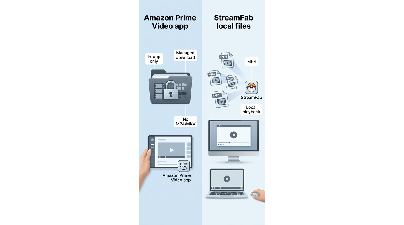 Difference between Prime Video app-managed downloads and portable MP4 or MKV local files.