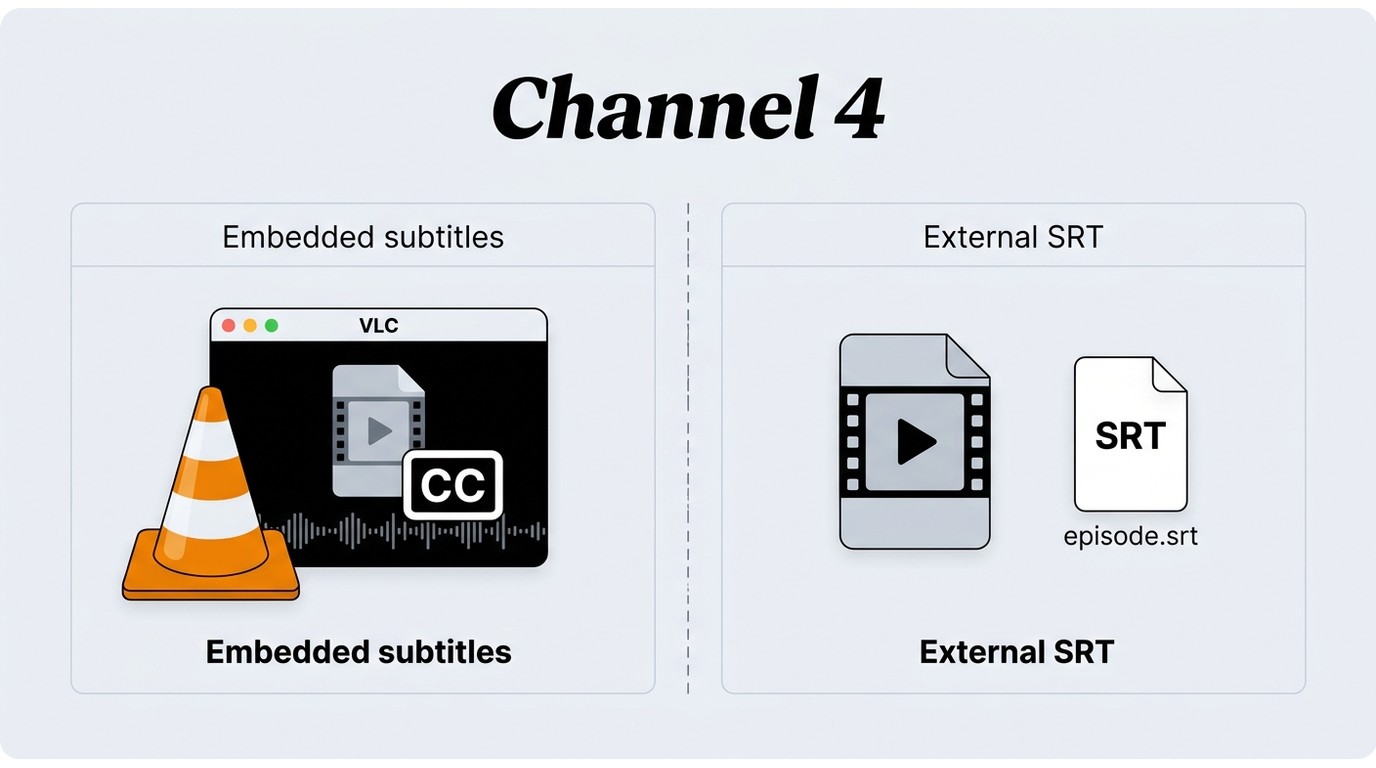 How embedded subtitles differ from external SRT files for Channel 4 videos