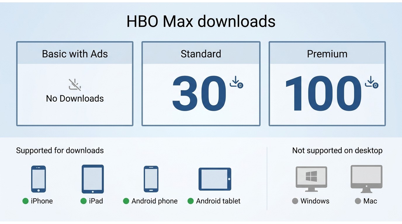 Comparison of HBO Max plans and devices for native downloads, including 30 and 100 download caps.