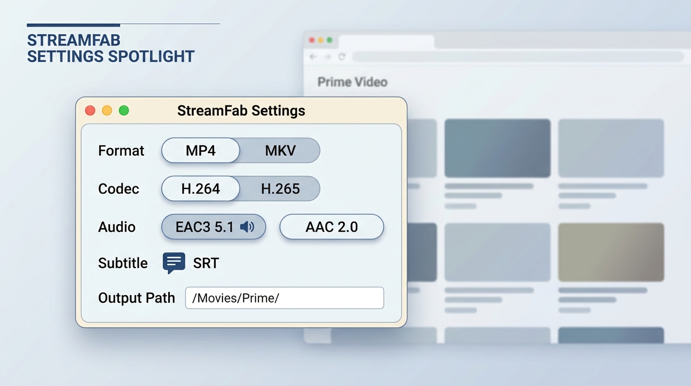 StreamFab for Mac settings for Prime Video download format, audio, subtitles, and save folder