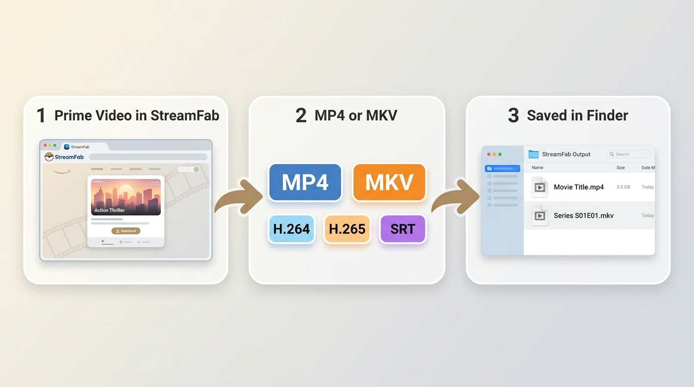 How StreamFab saves Prime Video titles into Finder-visible MP4 or MKV files on Mac