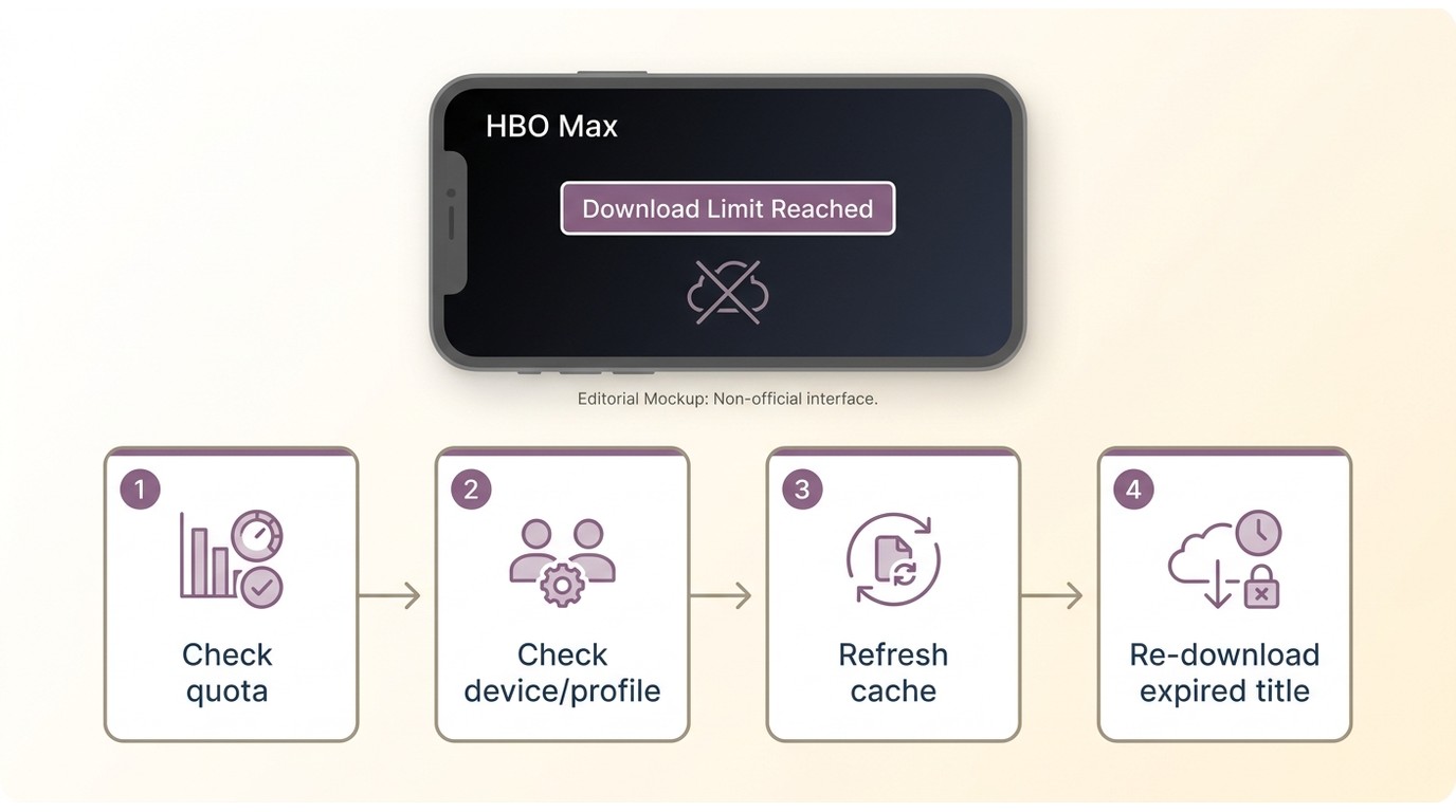 Flow for fixing HBO Max Download Limit Reached based on quota, device, cache, or expired title.