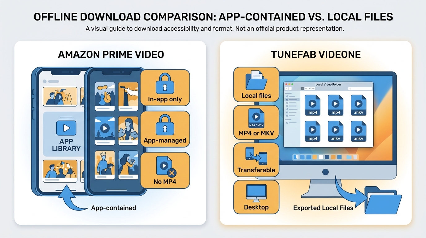 Comparison of Amazon Prime Video app downloads and TuneFab desktop files for storage and portability
