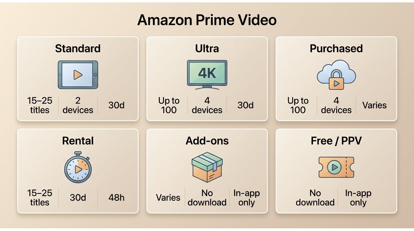 Comparison of Prime Video standard, Ultra, purchases, rentals, and title download limits.