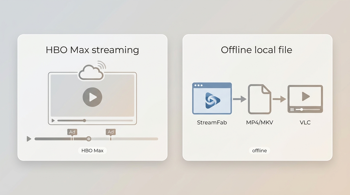 Comparison of live HBO Max streaming with ads versus StreamFab local MP4 or MKV offline playback
