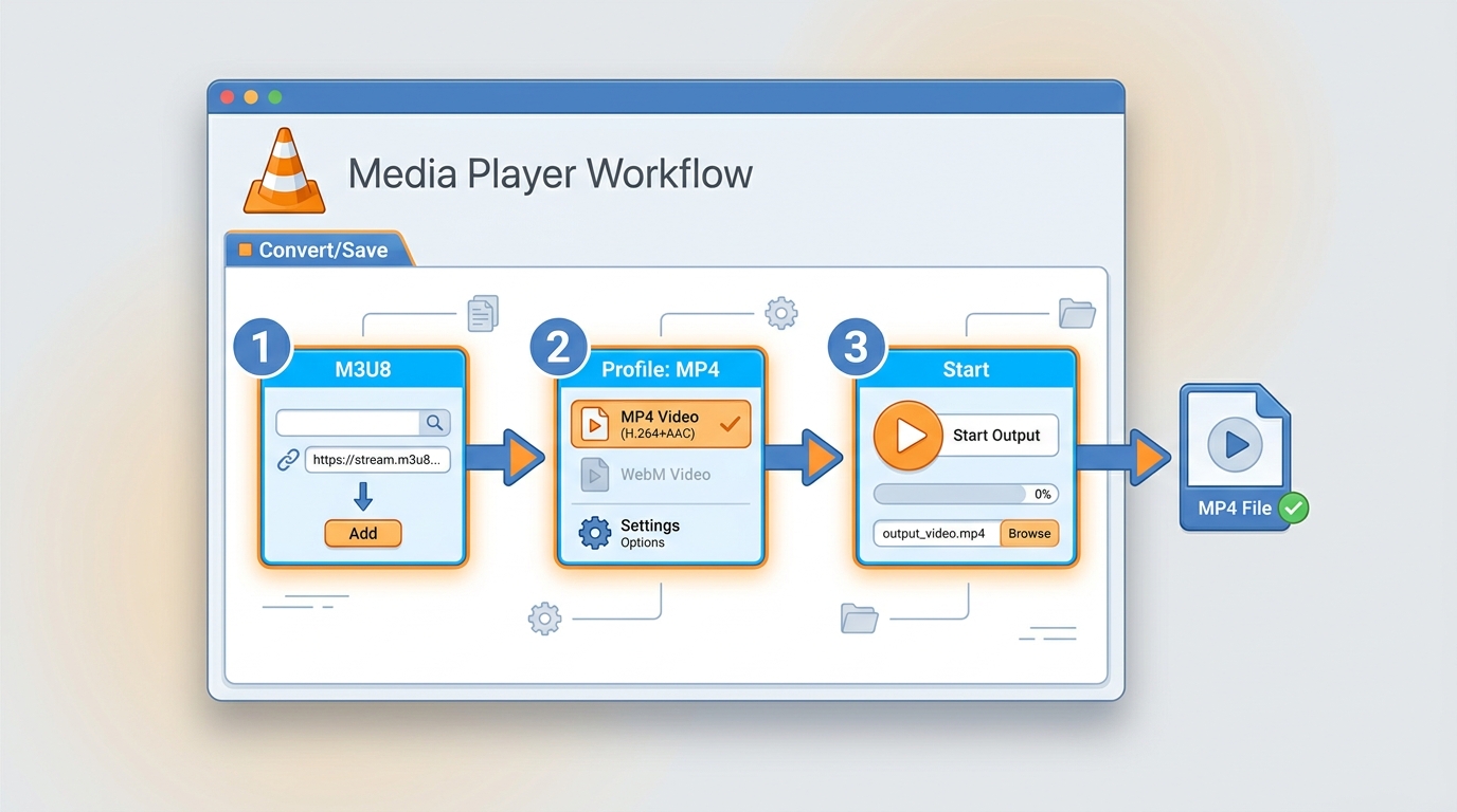 VLC Convert/Save workflow for turning an M3U8 source into an MP4 file on desktop.