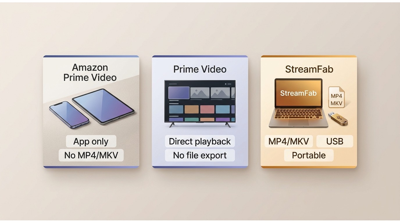 Comparison of Prime Video app downloads, TV app playback, and StreamFab MP4/MKV files