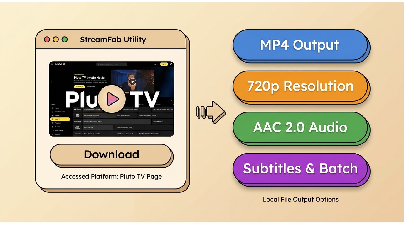 StreamFab Pluto TV Downloader interface with local file options like MP4, 720p, subtitles, and batch