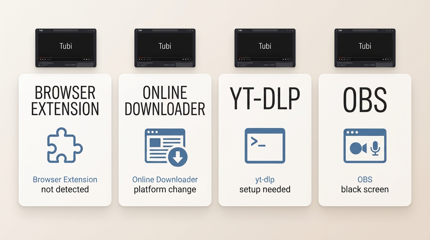 Comparison of browser, online, command-line, and recording options for Tubi with typical failure poi