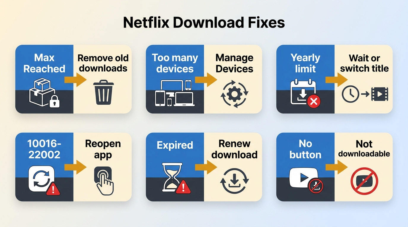 Comparison of Netflix download errors and the right fix for each message