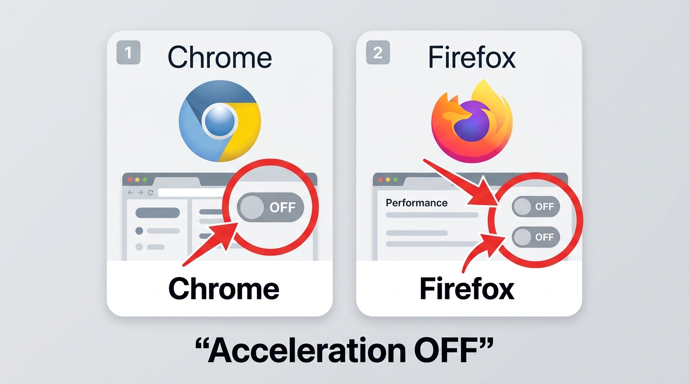 Location to disable hardware acceleration in Chrome and Firefox, corresponding to Disney+ screen recording troubleshooting steps