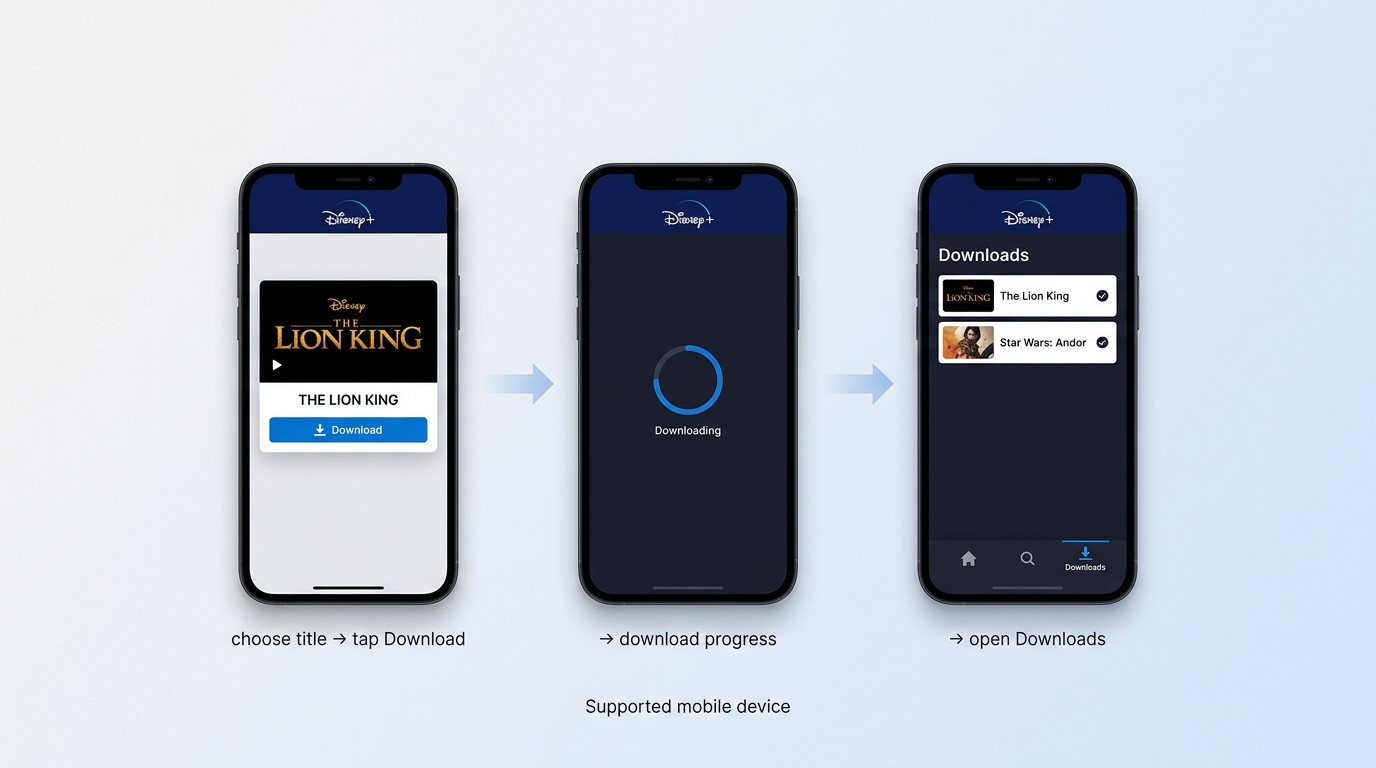 Disney+ app download flow on a phone, from title page to completed downloads