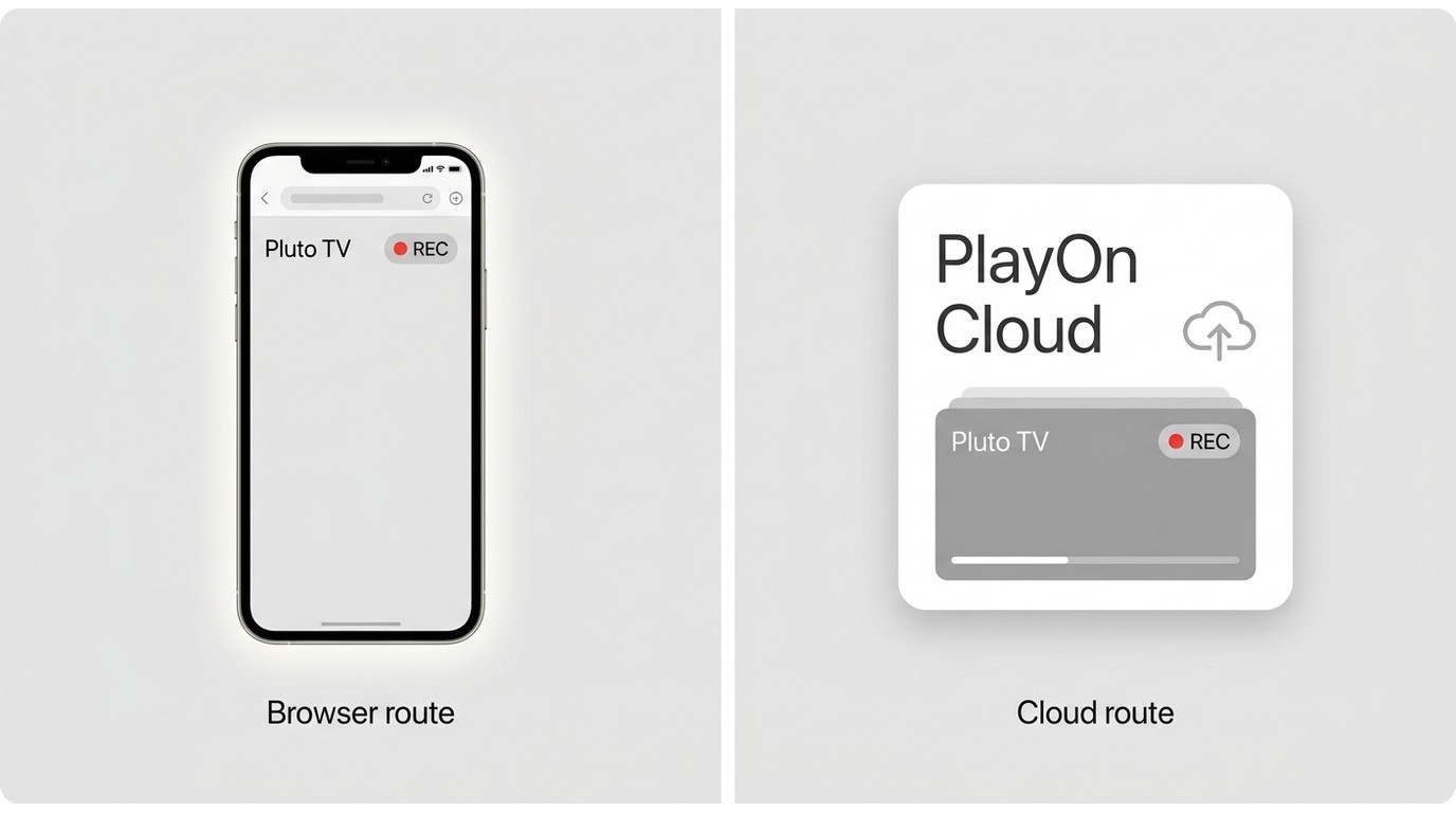 Comparison of Pluto TV recording on mobile browser versus PlayOn Cloud on iPhone or Android.
