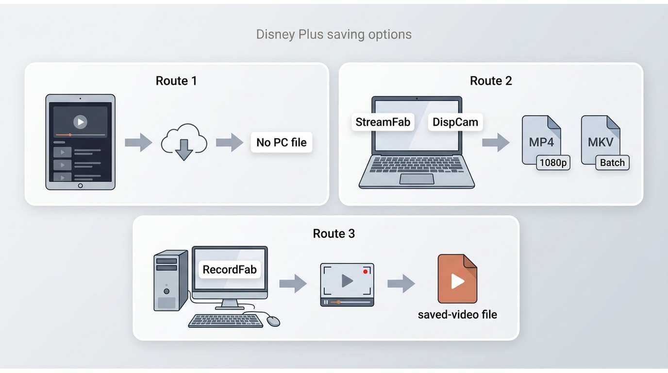 Three routes for Disney+ offline viewing: mobile app downloads, desktop MP4/MKV tools, and RecordFab