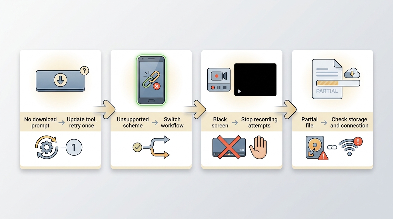 Tubi troubleshooting flow linking no prompt, unsupported scheme, black screen, and partial file to n