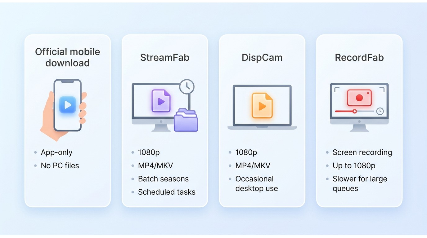 Comparison of Disney+ mobile downloads, StreamFab, DispCam, and RecordFab by 1080p, MP4/MKV, batch u