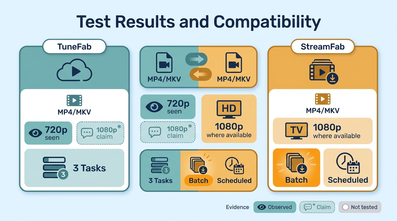 Comparison of TuneFab VideOne and StreamFab on quality, formats, task limits, and evidence status
