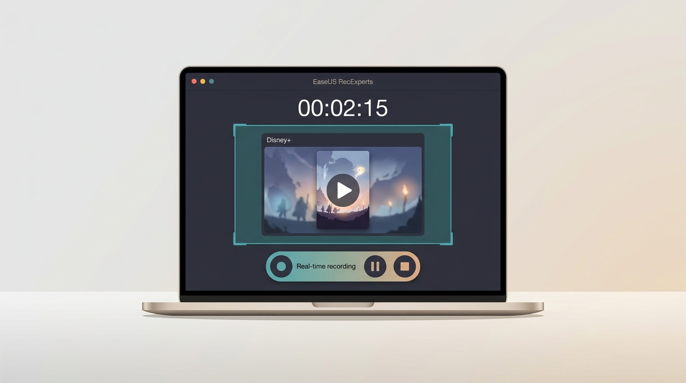 EaseUS RecExperts recording a Disney+ video with a timer and selected capture area