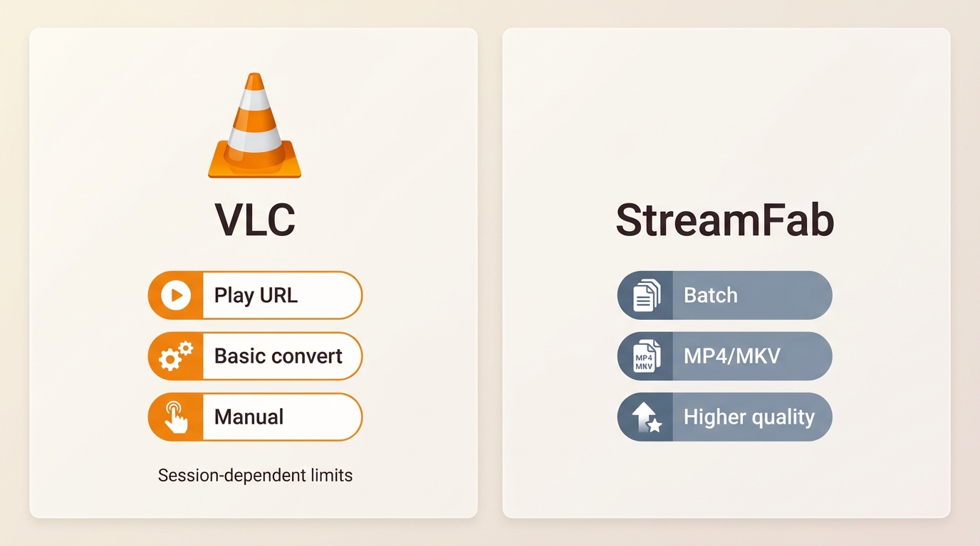 Comparison of VLC and StreamFab for M3U8 playback, saving, batch workflow, and output options.