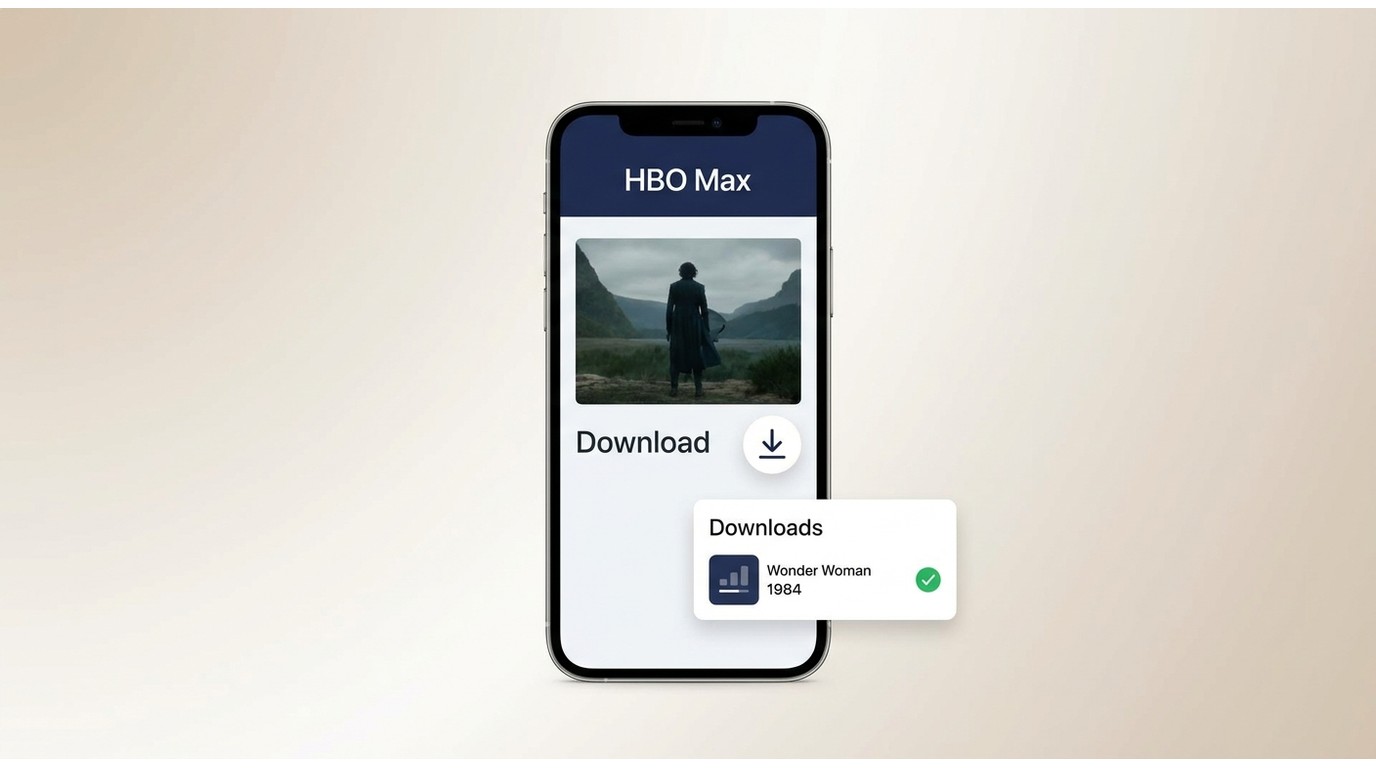 HBO Max app on iPhone with a download button and a completed title in Downloads