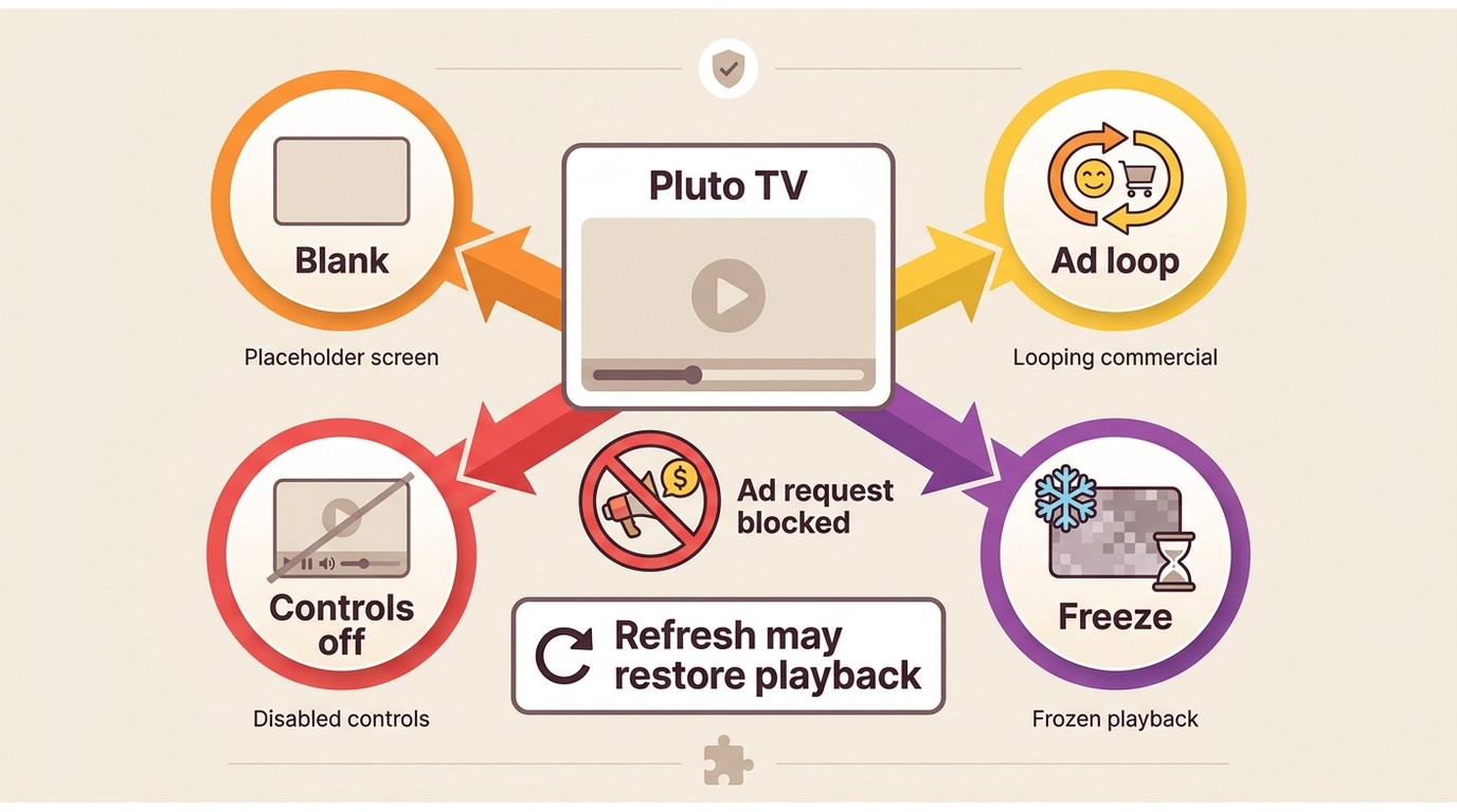 Why Pluto TV playback can freeze or loop when ad blocking interrupts ad requests