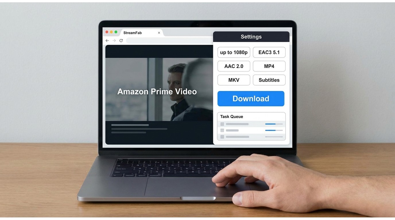 StreamFab downloading a Prime Video title with MP4 or MKV and subtitle options