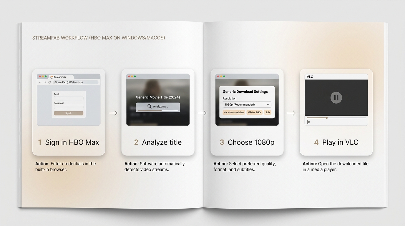 StreamFab desktop workflow from HBO Max sign-in to testing the downloaded file in VLC