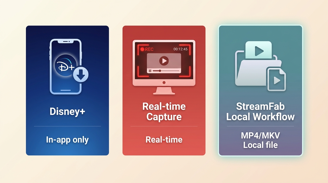 Differences between Disney+ in-app downloads, live screen recording, and StreamFab local MP4/MKV files