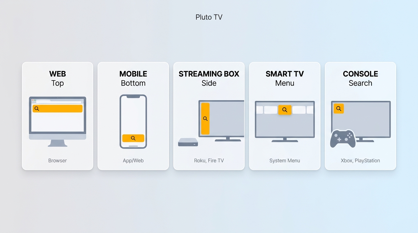 Comparison of Pluto TV Search entry points on web, mobile, TV devices, and consoles