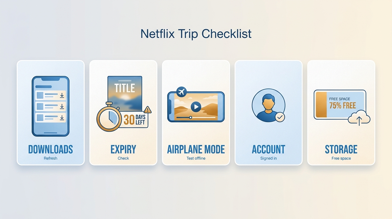 Netflix pre-trip checklist covering downloads, expiration, offline test, account, and storage