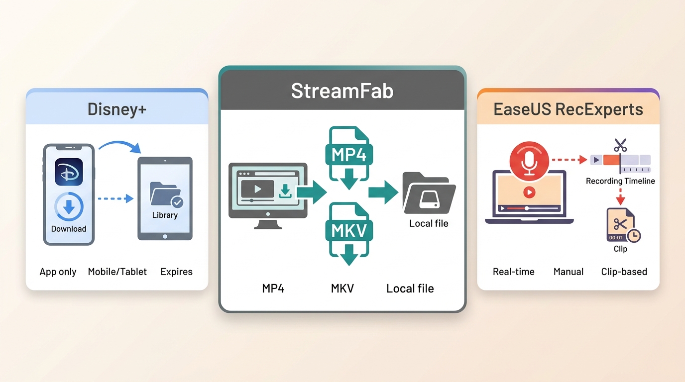 Comparison of Disney+ app downloads, StreamFab local files, and real-time recording options