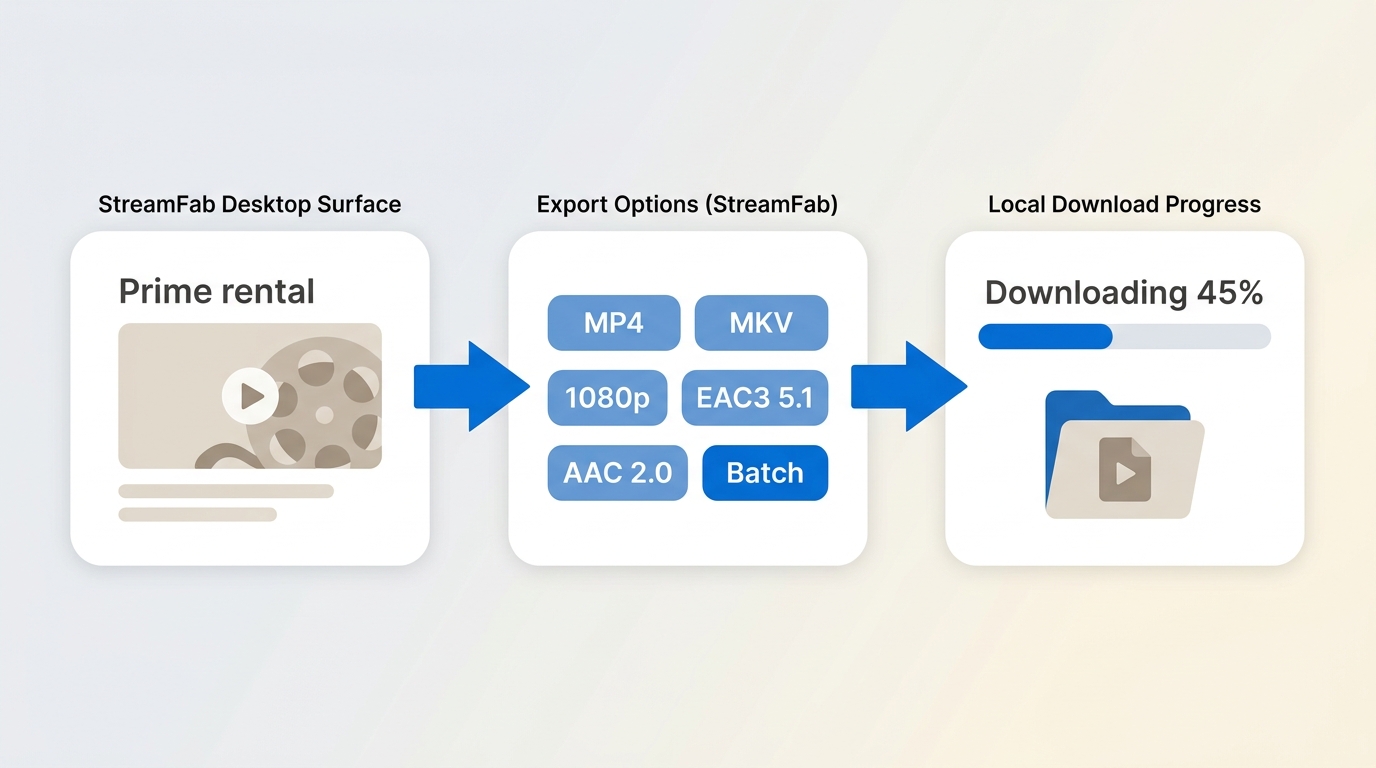 StreamFab downloading an Amazon rental with format, quality, audio options, and progress status.
