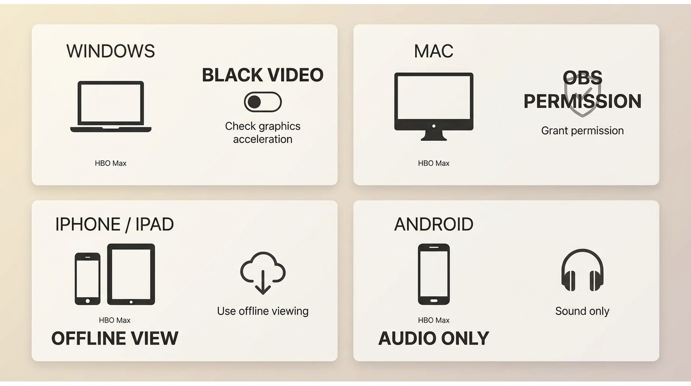 Comparison of HBO Max recording results on Windows, Mac, iPhone/iPad, and Android
