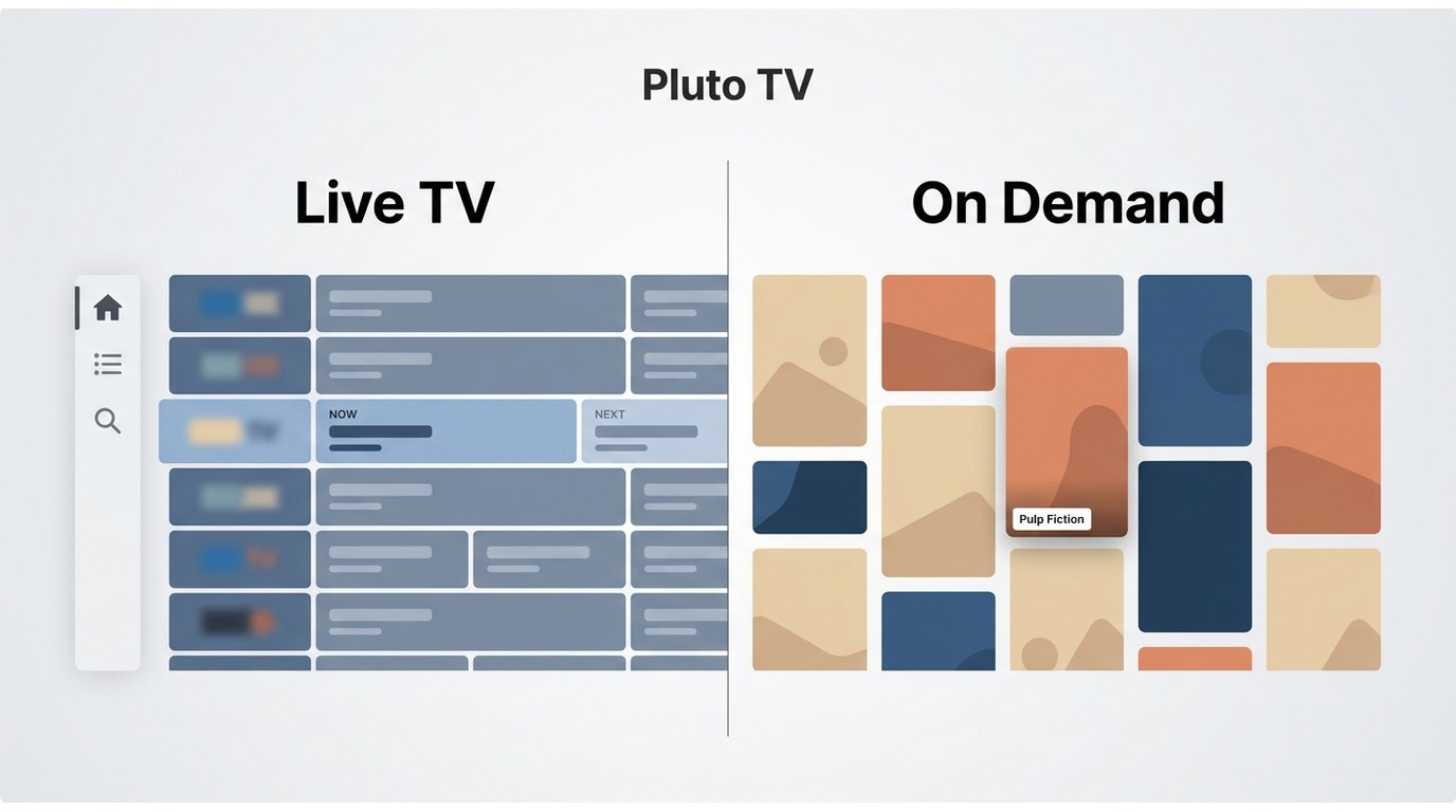 Pluto TV Live TV and On Demand as separate sections for finding content