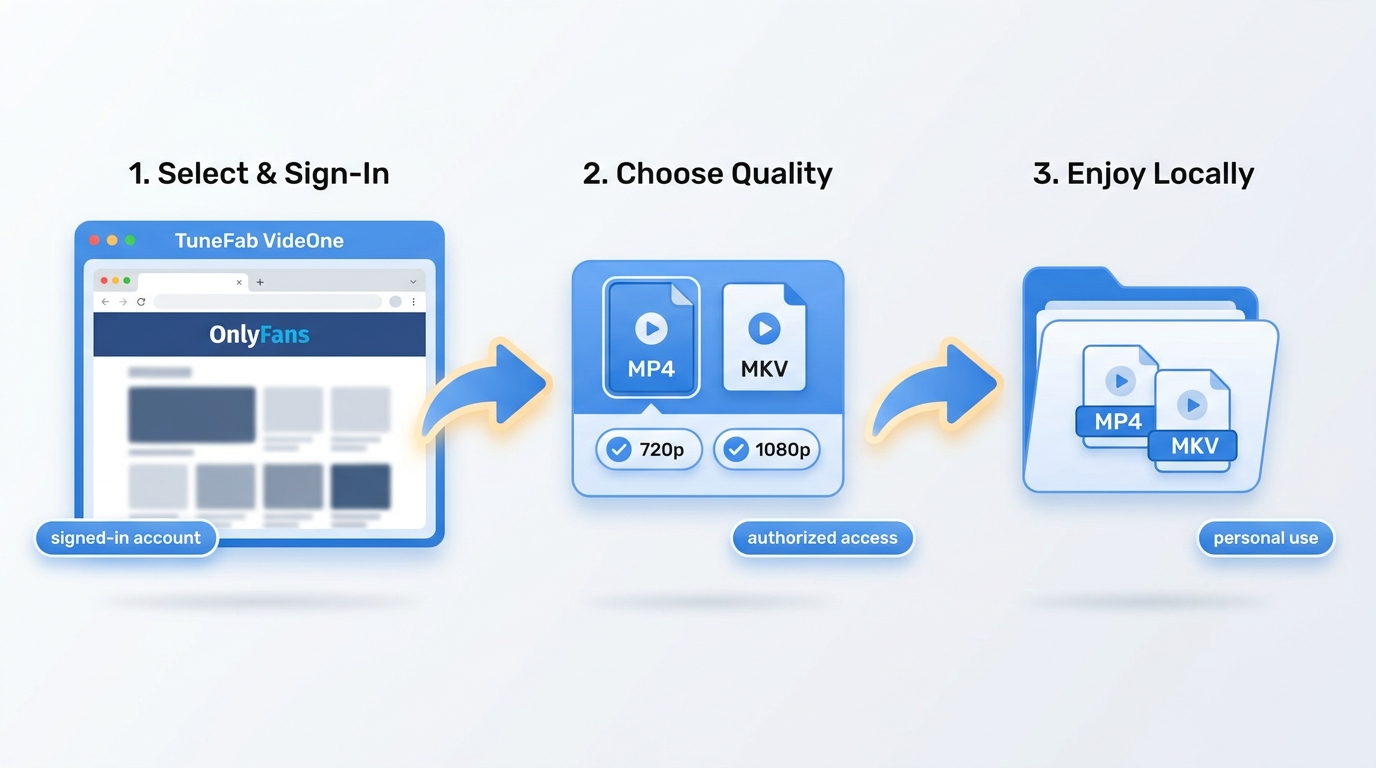 How TuneFab VideOne saves an authorized OnlyFans video from login to local MP4 or MKV file