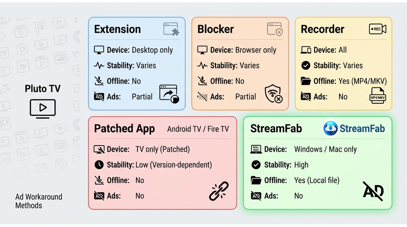 Comparison of Pluto TV ad workaround methods by device support, reliability, and offline playback