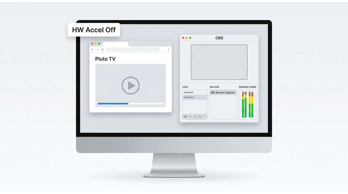 OBS setup with Pluto TV browser capture and desktop audio after disabling Hardware Acceleration.