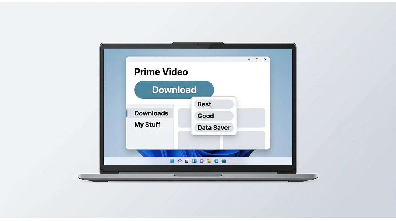 Prime Video app on Windows showing a title page with the download button and Downloads area