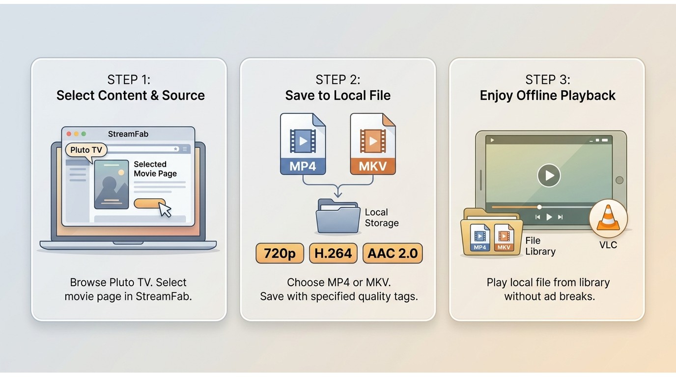 How StreamFab saves Pluto TV videos as local MP4 or MKV files for offline playback