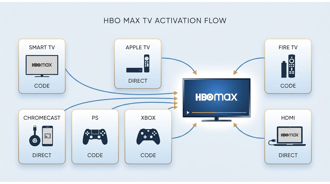 HBO Max activation paths for Smart TV, Apple TV, Chromecast, Fire TV, PlayStation, Xbox, and HDMI