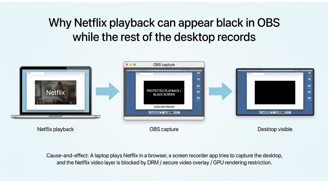 Why Netflix playback can appear black in OBS while the rest of the desktop records